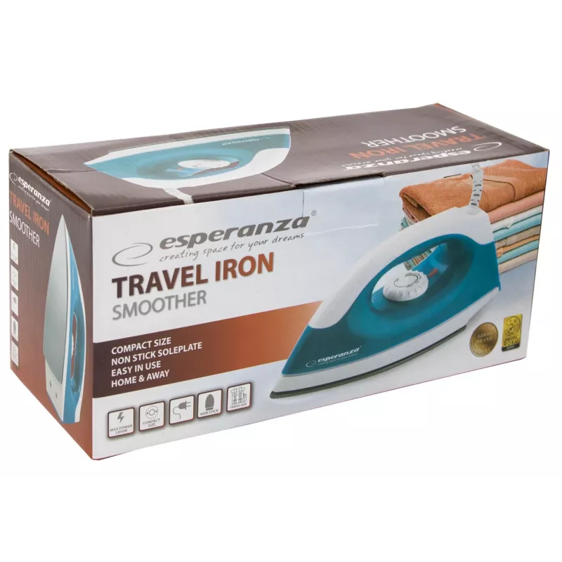 Plancha de viaje Esperanza TRAVEL IRON SMOOTHER — 1200 W, suela antiadherente, cable de 1.4 m, indicador de temperatura, diseño de viaje