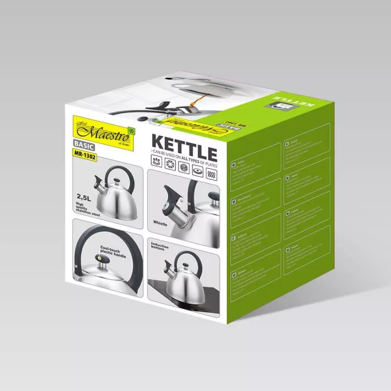 Hervidor Maestro MR1302 acero inoxidable 2,5 L, apto para inducción, silbato con tapa abatible, asa negra