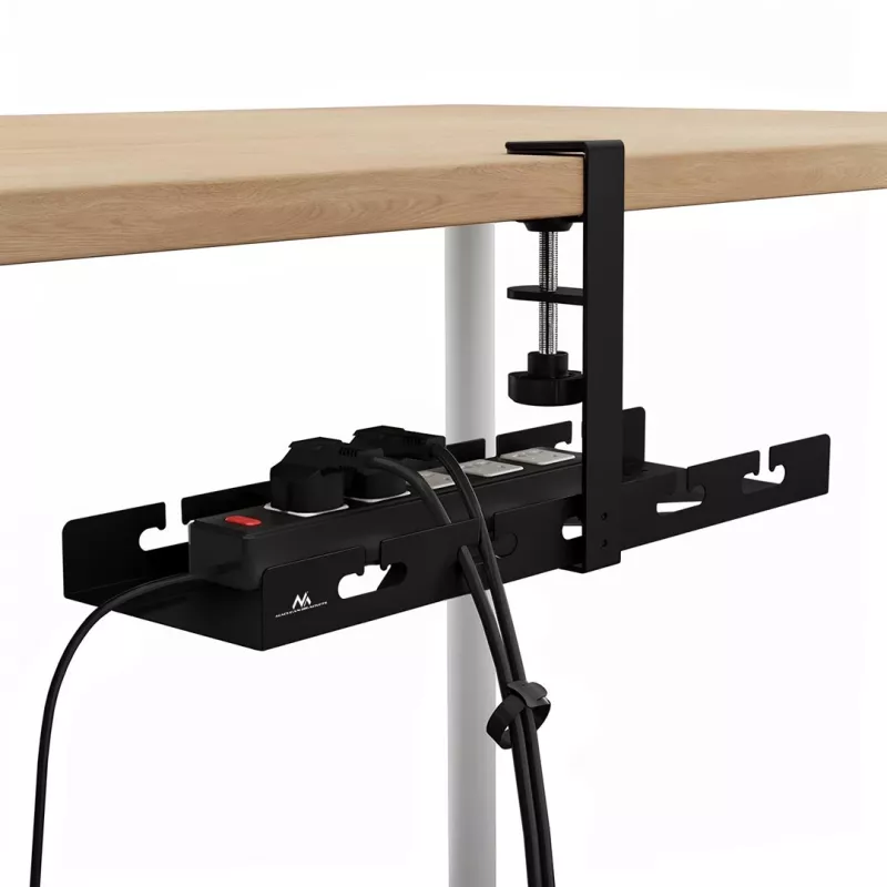 Maclean MC-105 B organizador de cables para debajo del escritorio, acero/ABS, 400 mm, montaje con abrazadera para tableros de 5–50 mm, carga máx. 5 kg, negro