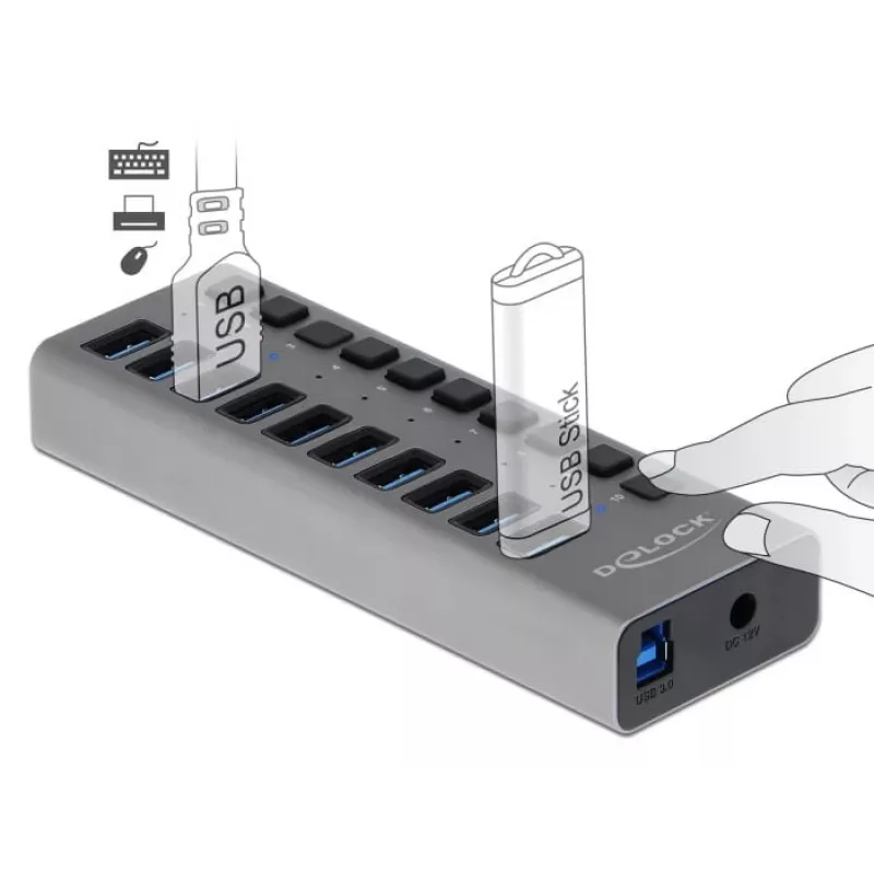 Hub USB externo DeLOCK de 5 Gbps con 10 puertos + interruptor