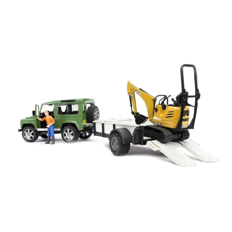 BRUDER Land Rover Defender con remolque CAT y figura vehículo de juguete