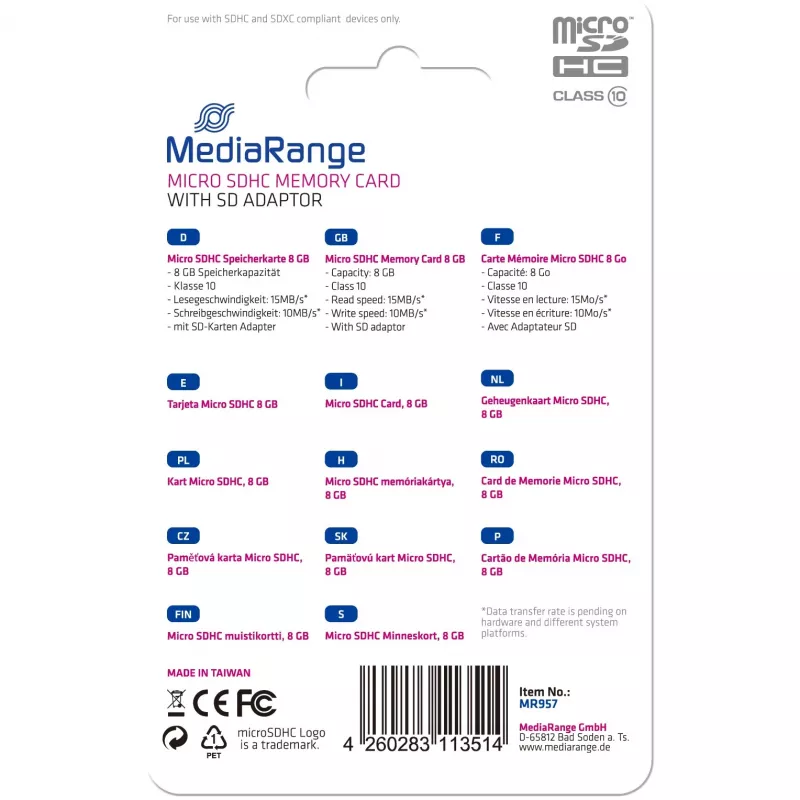 Memoria Micro Sdhc 8GB C10/W/ADAPTER MR957 Mediarange