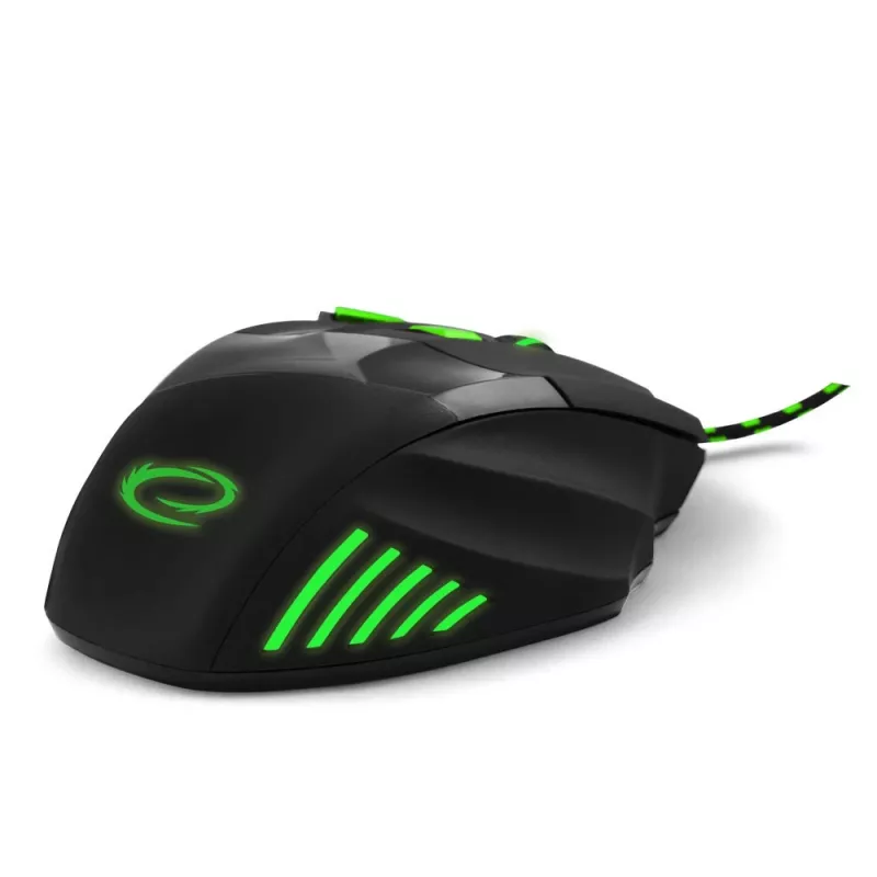Ratón gaming con cable ESPERANZA EGM201G — para diestros, óptico 2400 DPI, 7 botones, USB Type-A, cable 1,5 m, negro/verde