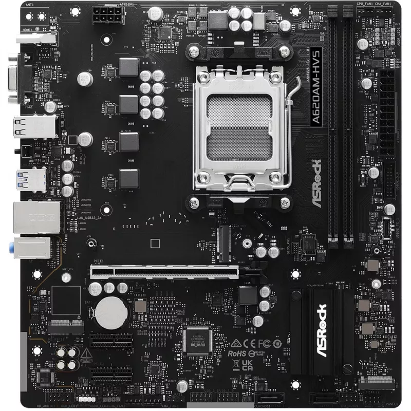 Placa base ASRock A620AM-HVS Micro ATX — chipset AMD A620A, socket AM5, DDR5, 2 DIMM, hasta 128 GB, HDMI 2.1, M.2 2280