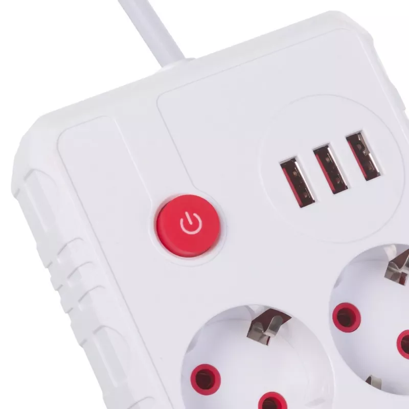 Regleta de enchufes MACLEAN MCE388 W – 2 enchufes, 3×USB, 110–240V, 2500W, cable de 3 m, blanca