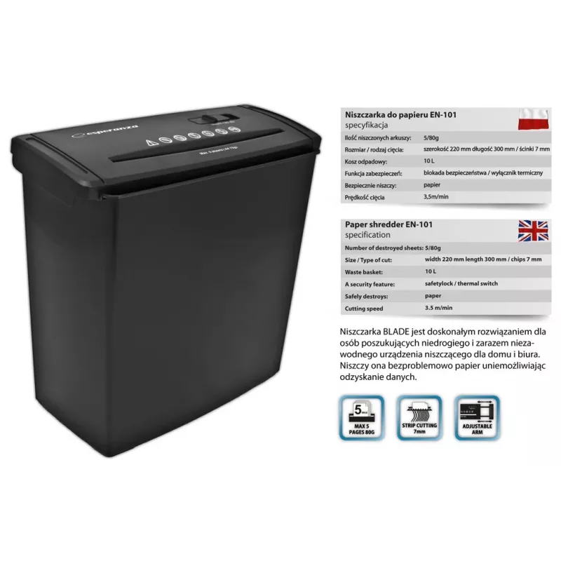 Destructora de documentos Esperanza EN101 corte en tiras 22 cm negra