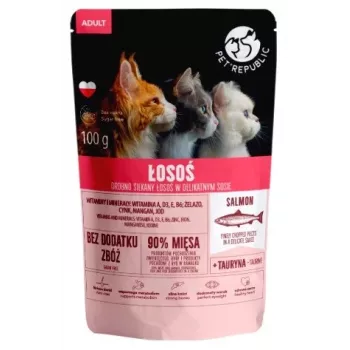Sobre de comida húmeda para gatos PetRepublic CAT sobre para gatos adultos 100 g, filetes con tiras de salmón