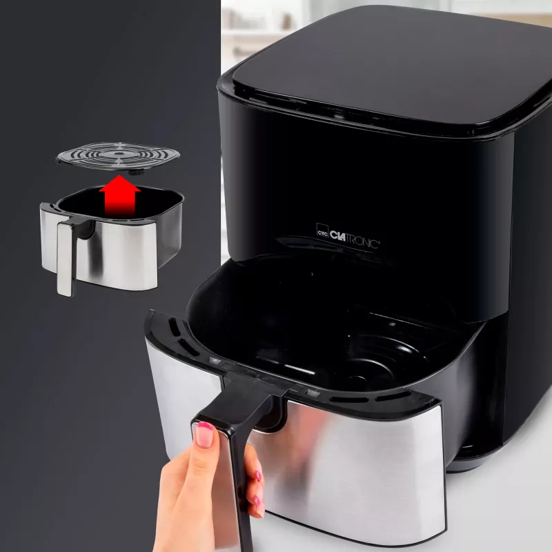 Clatronic FR 3782 H, freidora de aire, 5 l, 80 °C, 200 °C, imagen individual, negra, acero inoxidable
