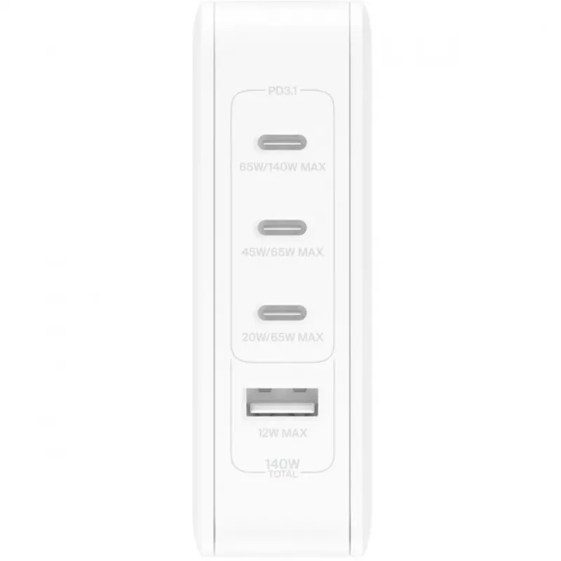 Cargador de pared 140W 4 puertos (3xC 1xA) enchufe UK, EU, US blanco