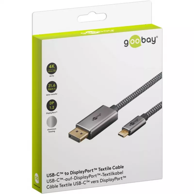Cable adaptador USB, conector macho USB-C > conector macho DisplayPort, 4K 60 Hz (negro/plata, 2 metros, cable trenzado)