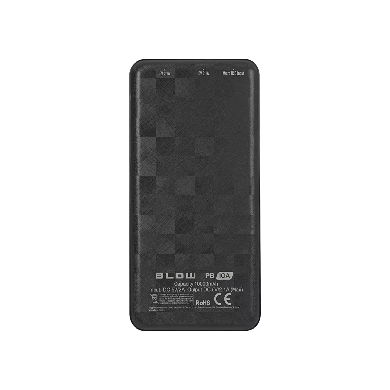 Powerbank portátil BLOW PB10A 10000mAh batería de polímero, 2 salidas USB-A, 22,5W de potencia total, entrada Micro-USB, negro