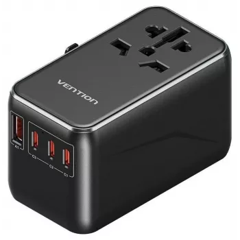 Cargador Vention FJGB0 100W GaN con 3× USB-C y 1× USB-A, negro