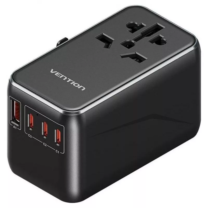 Cargador Vention FJGB0 100W GaN con 3× USB-C y 1× USB-A, negro