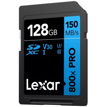 Tarjeta de memoria SDXC Lexar 128GB UHS-I 800xPRO Class 10 U3 V30 — 150 MB/s lectura, 45 MB/s escritura, negra