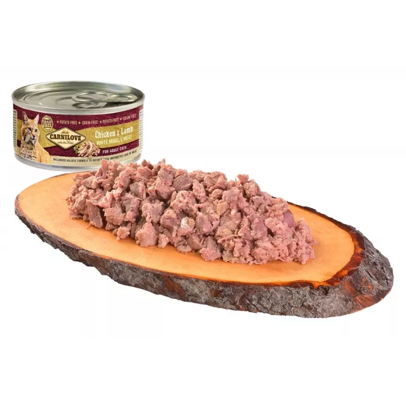 Comida húmeda para gatos CARNILOVE Moist Pollo y cordero en lata 100 g, sin cereales, adult, sin azúcar