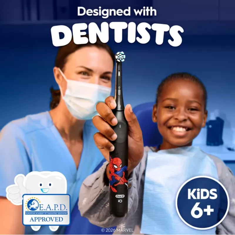 Cepillo de dientes eléctrico BRAUN Oral‑B iO Kids Marvel Spiderman — recargable, 3 modos, temporizador musical de 2 minutos, estuche de viaje, 1 cabezal, Litio‑Ion