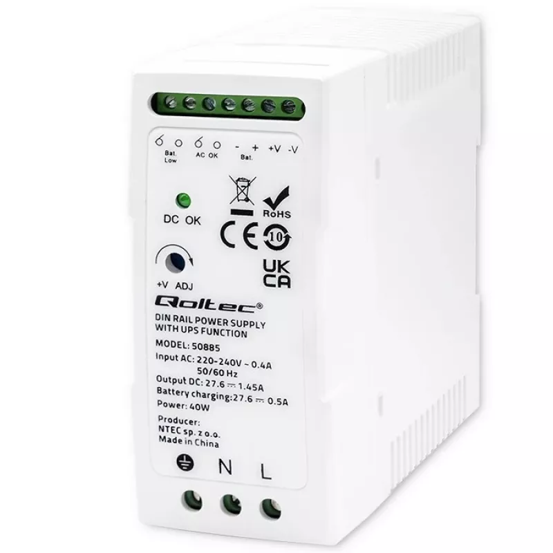 Qoltec 50885 Fuente de alimentación estable para carril DIN con función SAI | 40W