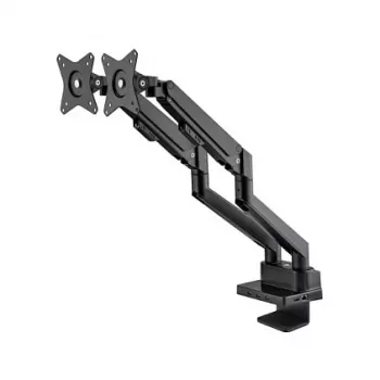 Manhattan Soporte de escritorio dual para TV y monitores (Full Motion con resorte de gas) con dock integrado, para pantallas de hasta 27 pulgadas, conexiones (x7): Ethernet, HDMI (x2), USB-A (x3) y USB-C, Power Delivery (100 W) al puerto USB-C (se requiere fuente de alimentación/cable USB-C por separado), VESA: 75x75 y 100x100 mm