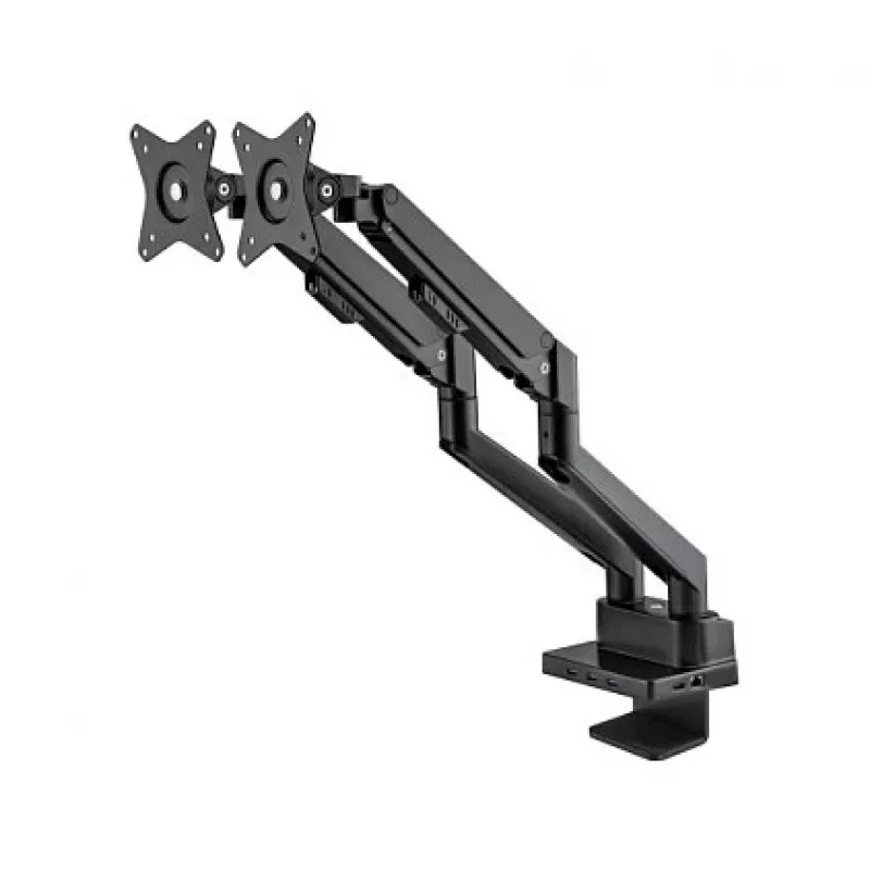 Manhattan Soporte de escritorio dual para TV y monitores (Full Motion con resorte de gas) con dock integrado, para pantallas de hasta 27 pulgadas, conexiones (x7): Ethernet, HDMI (x2), USB-A (x3) y USB-C, Power Delivery (100 W) al puerto USB-C (se requiere fuente de alimentación/cable USB-C por separado), VESA: 75x75 y 100x100 mm