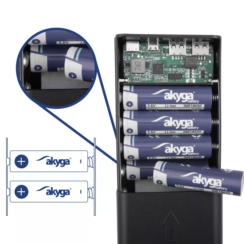 Akyga AK-BC-05 Carcasa para power bank 37000 mAh, 12x 18650, 22,5W, Qi, USB-C, 2x USB-A, Lightning