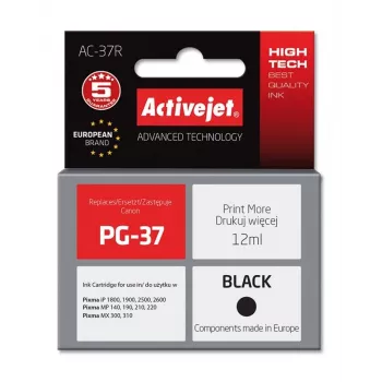 Cartucho de tinta ActiveJet AC-37R recambio compatible con Canon PG-37, negro, 12 ml, alto rendimiento, a base de pigmento