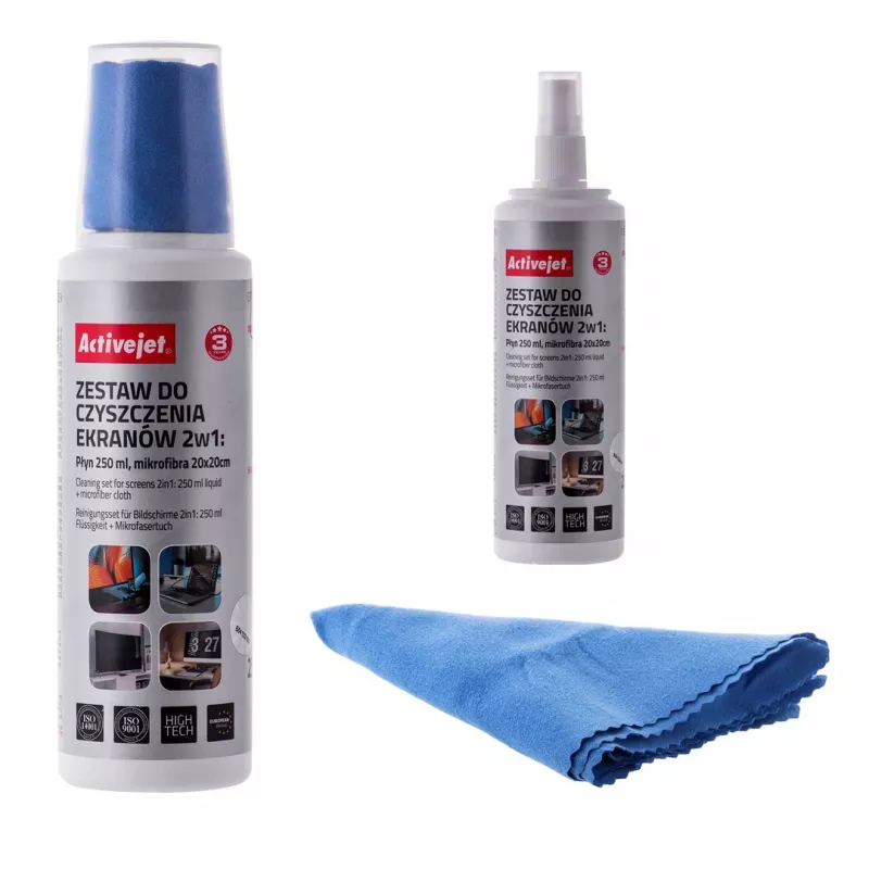 Paños y líquido de limpieza de equipos ActiveJet AOC-269, paño de microfibra 200x200 mm, spray 250 ml, 2 uds.