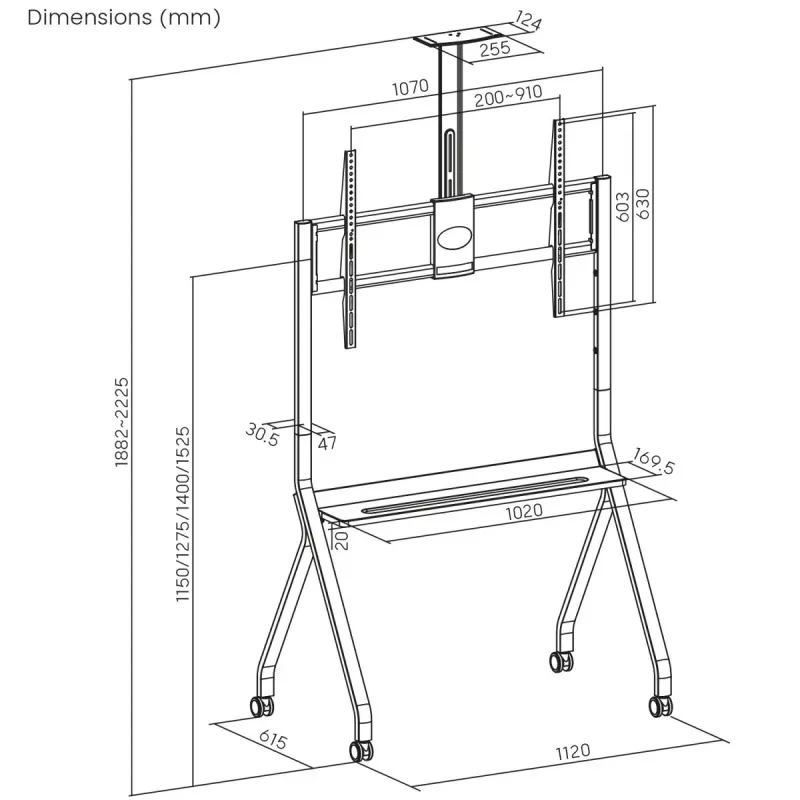 Soporte de TV de suelo MACLEAN MC-114 W para pantallas 55 inch–100 inch, blanco, VESA hasta 900x600, carga máxima 120 kg, altura 115–152 cm, estante