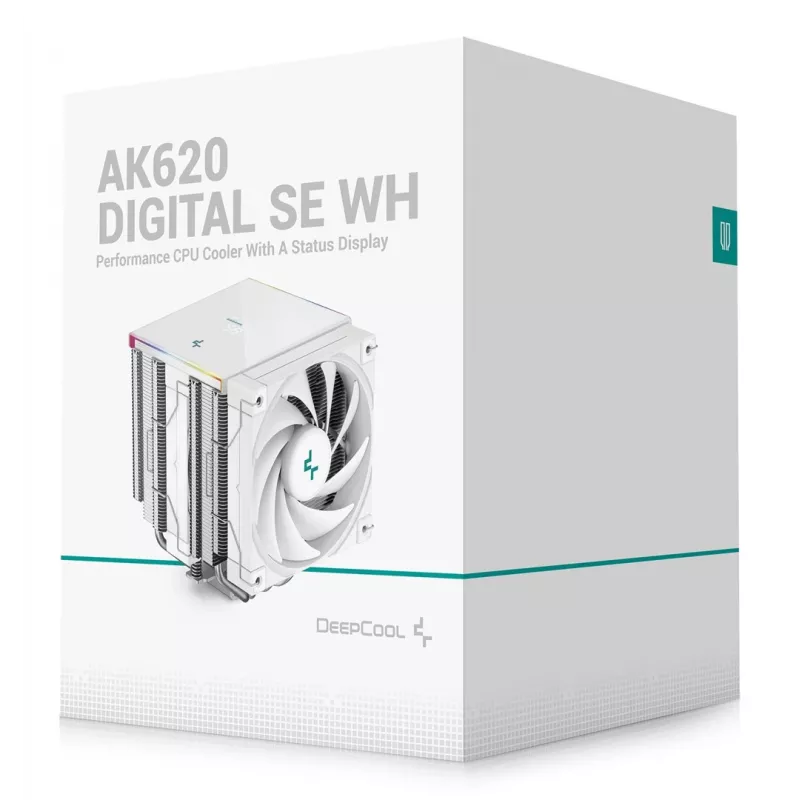 Disipador de aire DeepCool AK620 Digital SE White — dos ventiladores de 120 mm, 6 heatpipes, PWM, soporte LGA-1700, pantalla integrada