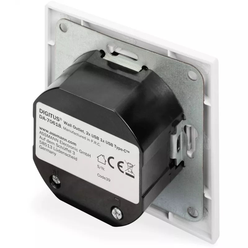 DIGITUS DA-70618 - salida USB - USB, USB Type C - 2 puertos USB, 1 conector hembra USB-C - 3,1 A - RAL 9003, blanco señal