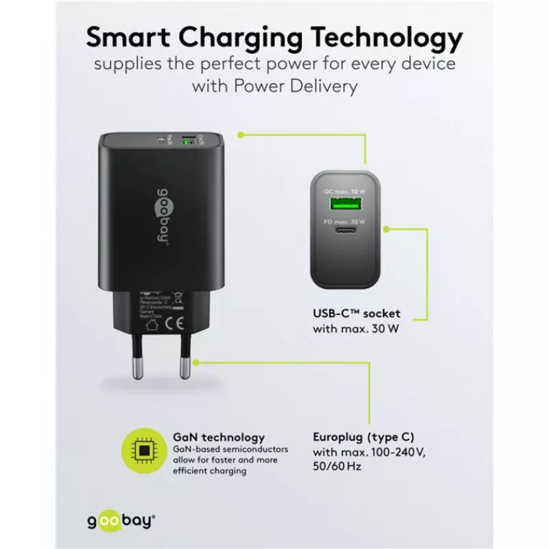 Cargador rápido dual USB-C PD GaN Goobay 30 W negro (75335)