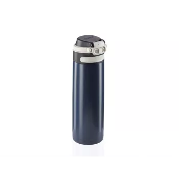 Vaso de viaje Leifheit 03275 600 ml acero inoxidable, doble pared, a prueba de fugas, tapa abatible, asa, negro/azul
