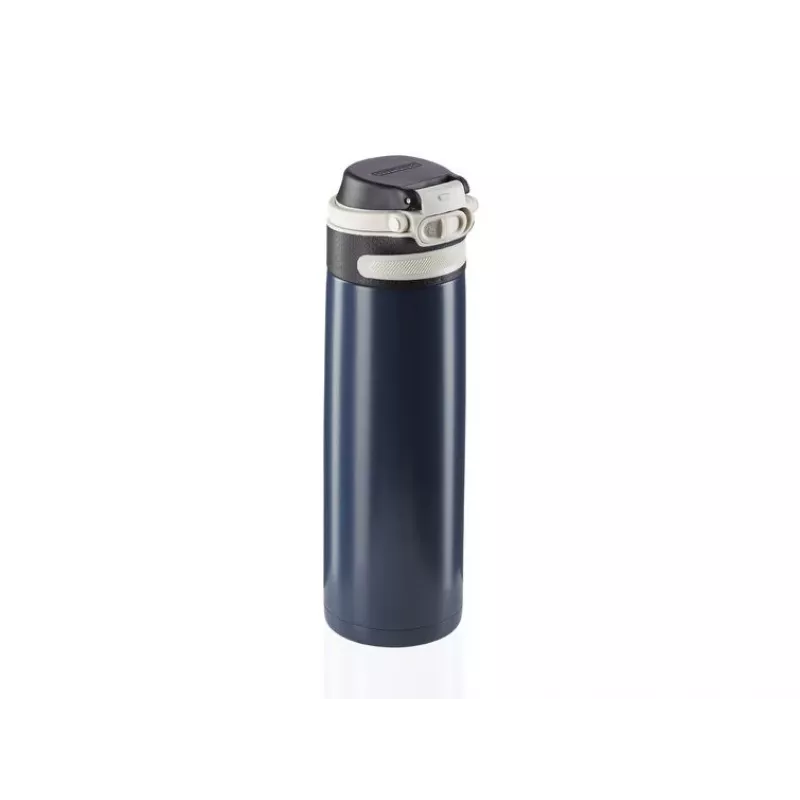 Vaso de viaje Leifheit 03275 600 ml acero inoxidable, doble pared, a prueba de fugas, tapa abatible, asa, negro/azul
