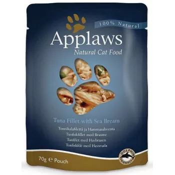 Comida húmeda para gatos Applaws filete de atún con dorada 70 g — adulto, 16 % proteína, 1 % grasa, bolsa sin gluten ni soja