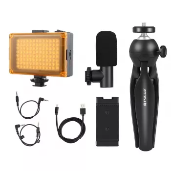 Trípode con luz LED, micrófono y pinza para teléfono Puluz PKT3132B – set compacto de grabación en directo
