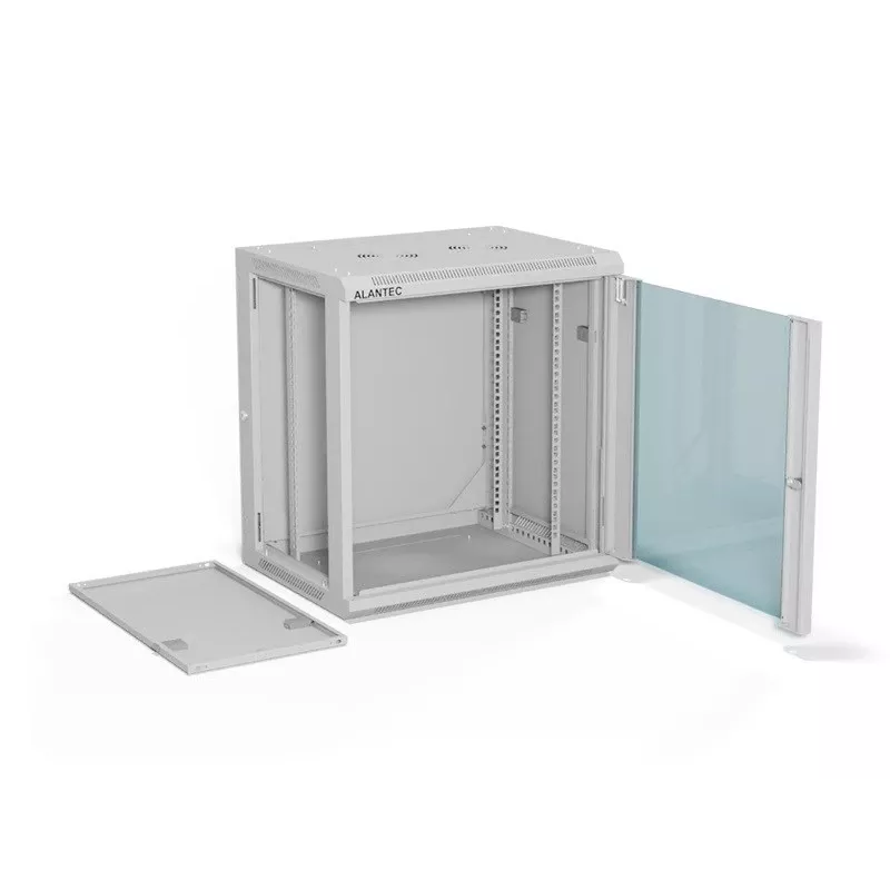 Armario de pared de 19 pulgadas Alantec 12U 600x450 mm, puerta única de cristal, paredes trasera y laterales completas desmontables, con cerradura, 4 guías de montaje, gris, embalaje plano