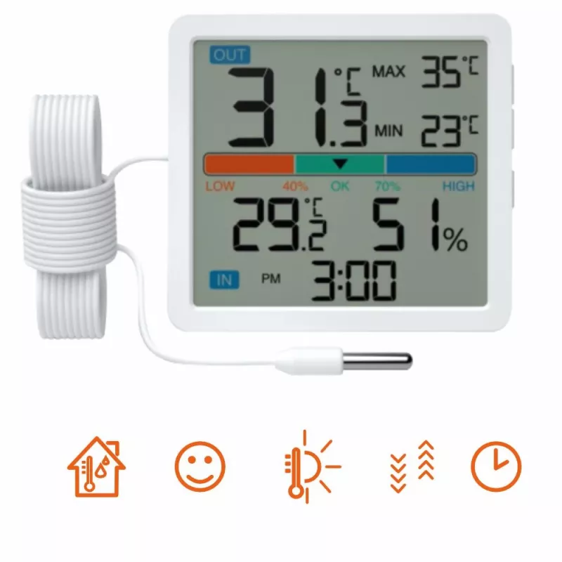 Manta MTO002W estación meteorológica con sensor externo, termómetro/higrómetro, reloj, blanca