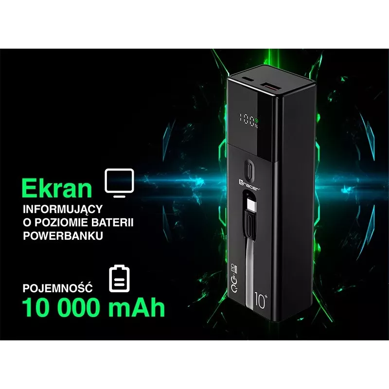 Batería externa portátil TRACER Quant 10000 mAh Li-Ion, PD y QC3.0, 3 conexiones (2×USB-C, 1×USB-A), 100W, negro