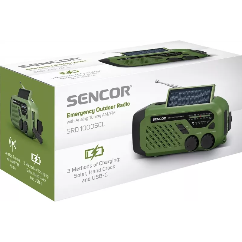 Radio portátil FM/AM SENCOR SRD1000SCLGR con Bluetooth, carga solar/manivela/USB-C, batería de 2000 mAh, IPX4, luces LED