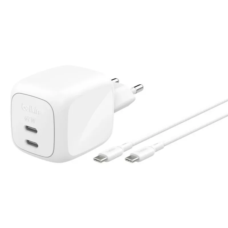 Cargador rápido AC de interior Belkin WCH020KQ2MWH-B6 – 2x USB-C, cable integrado de 2 m, blanco