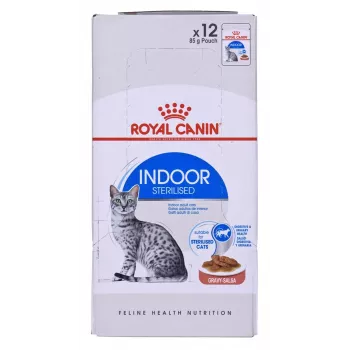 Comida húmeda para gatos Royal Canin Indoor Sterilized 85 g bolsa — gatos adultos esterilizados de interior, sabor aves, pack 12 x 85 g