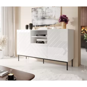 Cómoda ABETO sobre estructura de acero negra 150x42x90 blanco/blanco brillante