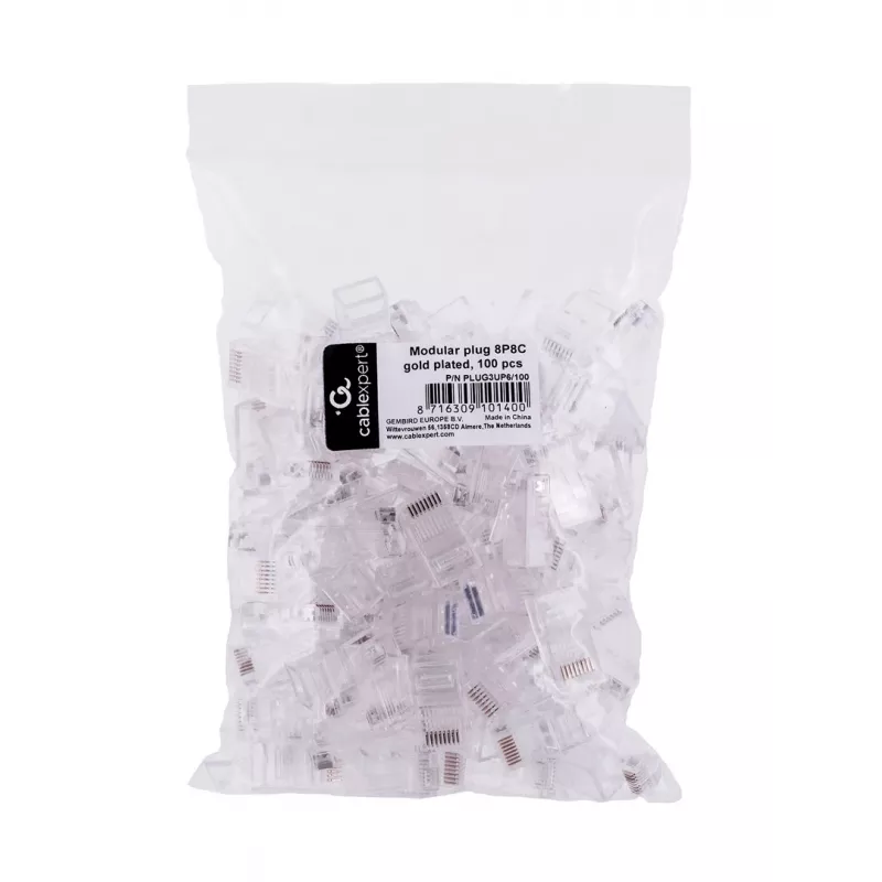 Conector macho RJ45 GEMBIRD PLUG3UP6/100, Cat5, conector recto, transparente, contactos dorados, pack de 100