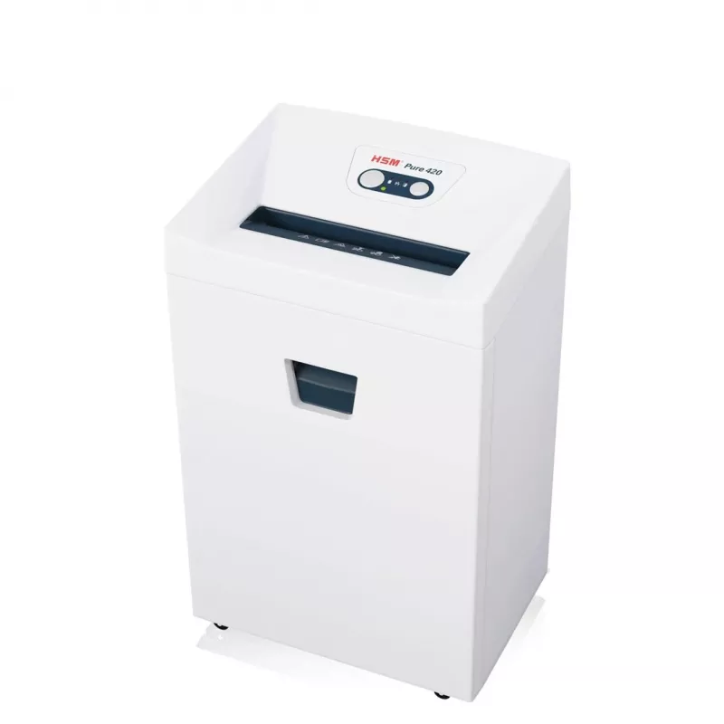 Destructora HSM Pure 420 — corte en partículas P-4, ancho de trabajo 24 cm, capacidad 15 hojas, depósito 35 L, blanca