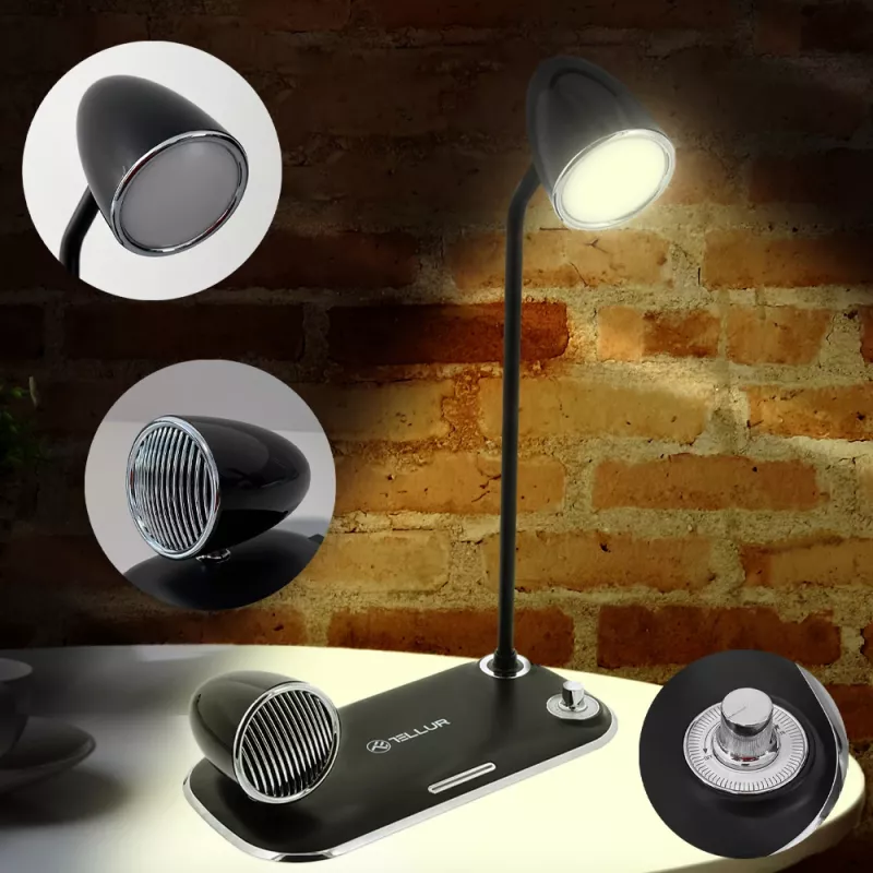Lámpara de mesa Tellur TLL151361 con cargador inalámbrico Qi y altavoz Bluetooth, iluminación ajustable