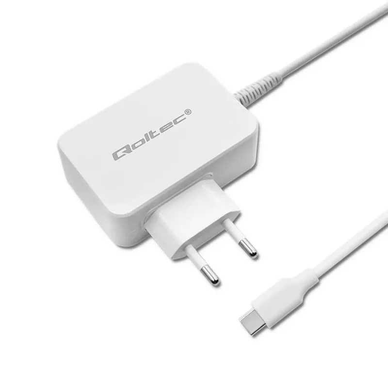 Qoltec 51039 adaptador de corriente 65 W USB-C PD, 5–20,3 V, 2–3,25 A, cable USB-C integrado, blanco