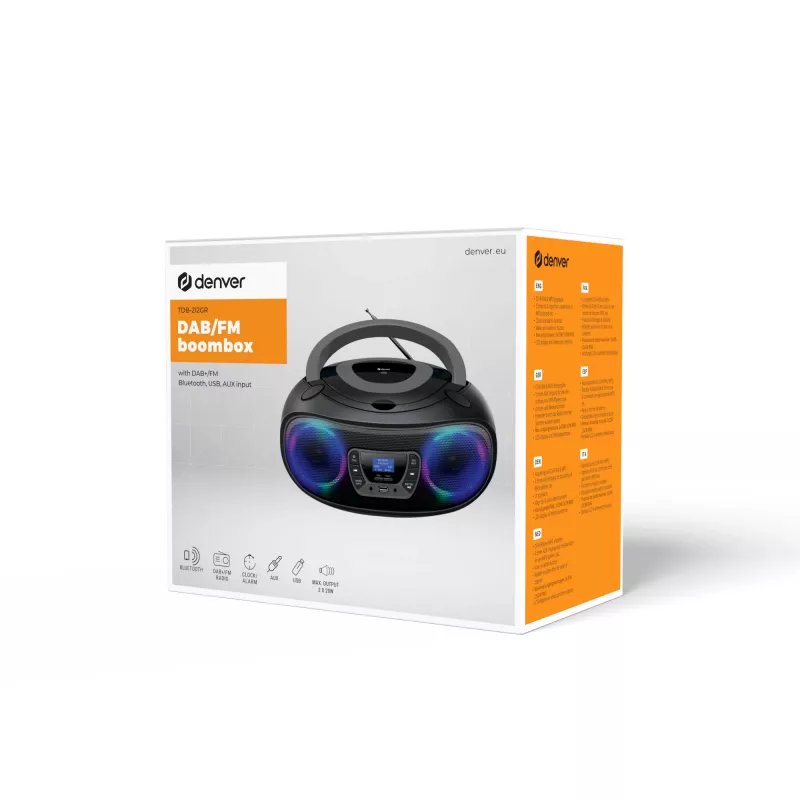 Denver TDB-212GR boombox DAB+ con reproductor de CD, DAB+/FM, Bluetooth, USB, AUX, gris
