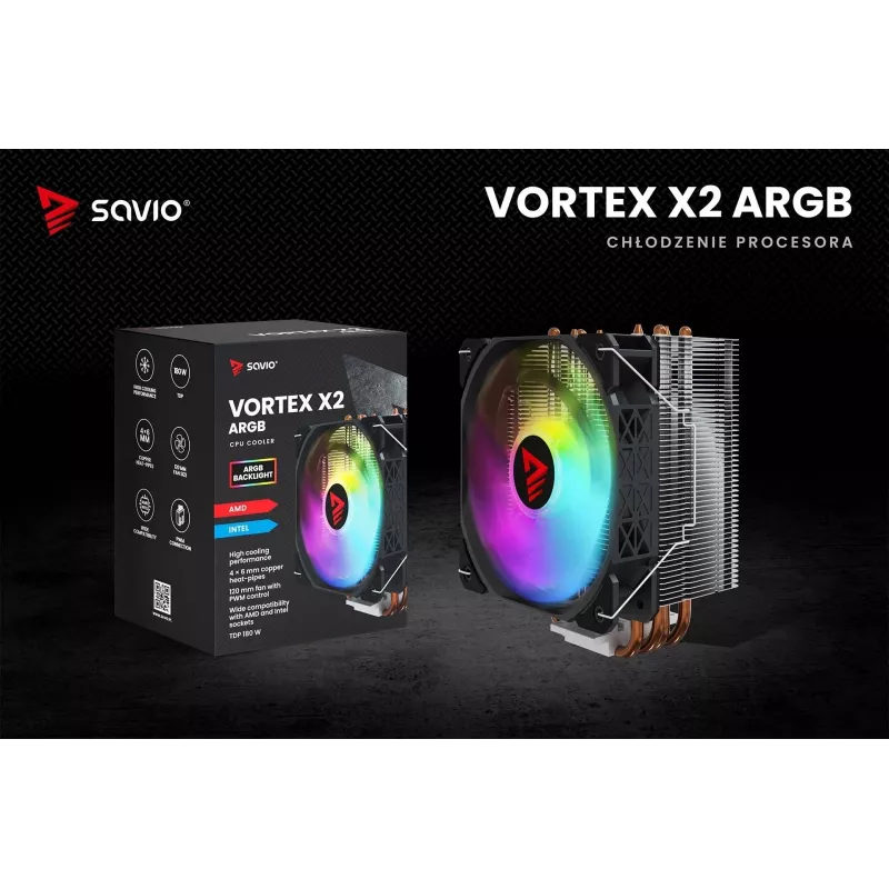 Disipador de CPU por aire SAVIO SAVGCOVORTEXX2ARGB con 4 heatpipes, ventilador ARGB de 120 mm, negro