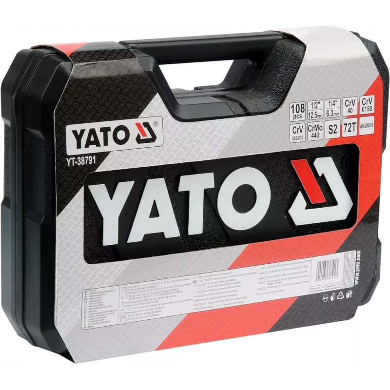Juego de vasos de carraca YATO YT-38791 — 108 piezas, accionamiento 1/2 inch, incluye carraca, maletín negro