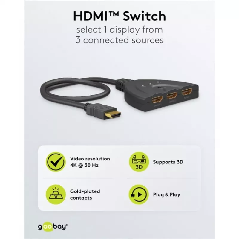 Goobay 58487 conmutador HDMI 3 a 1 (4K @ 30 Hz)