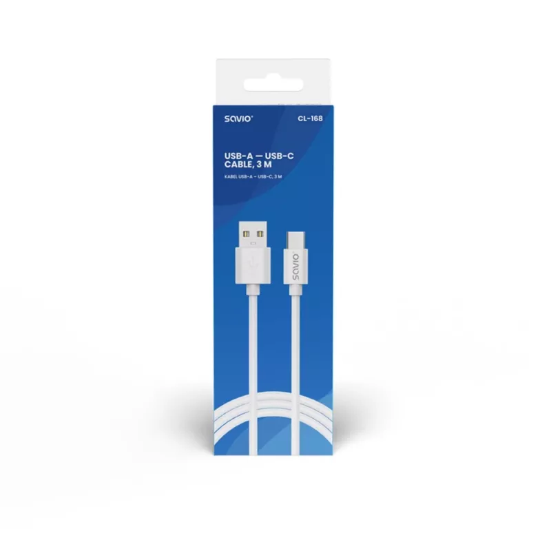 Cable USB 2.0 SAVIO CL-168, USB A (conector macho) a USB C (conector macho), 3 m, blanco
